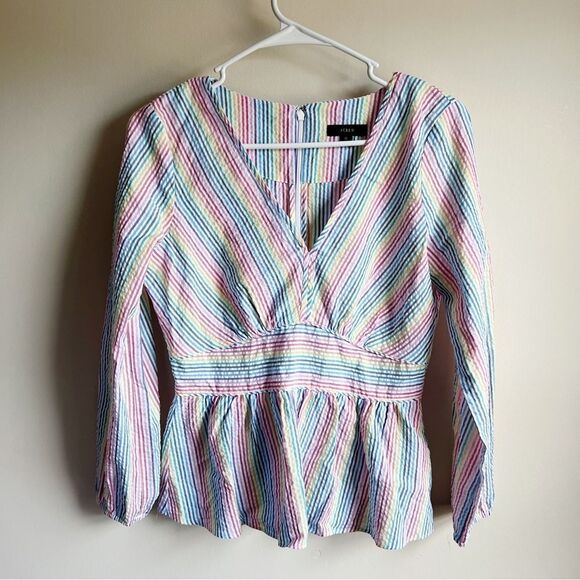 J Crew Rainbow Striped Seersucker V-neck Peplum Blouse - Picture 1 of 5